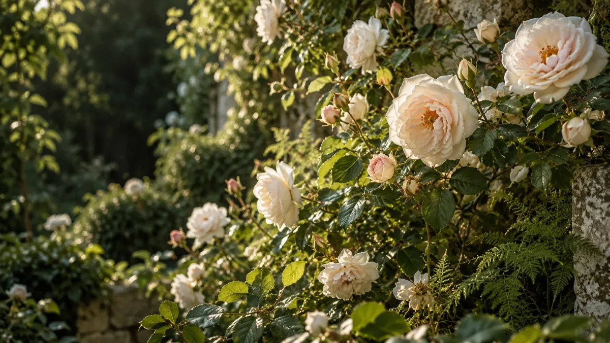Cream roses and ferns catching the garden’s morning light